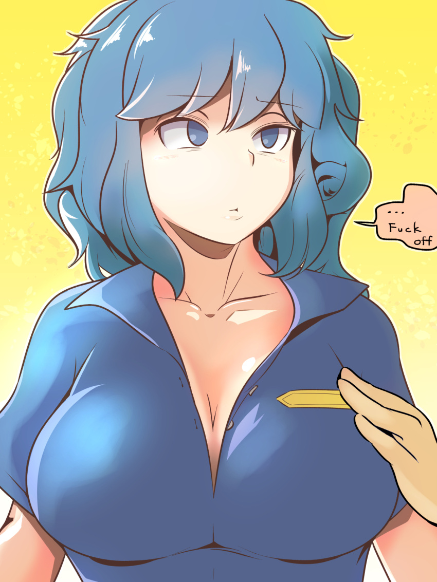 1girl annoyed blue_eyes blue_hair blue_shirt breasts cleavage closed_mouth collarbone collared_shirt cookie_(touhou) english eyebrows_visible_through_hair hand_on_another's_chest hekiga_(freelot) highres kawashiro_nitori kofji_(cookie) large_breasts looking_to_the_side medium_hair profanity shirt short_sleeves solo_focus touhou upper_body