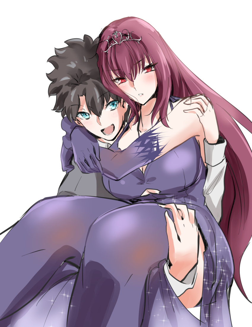 1boy 1girl :d absurdres bare_shoulders black_hair blue_eyes breasts carrying cleavage elbow_gloves fate/grand_order fate_(series) fujimaru_ritsuka_(male) gloves highres long_hair looking_at_viewer open_mouth princess_carry purple_hair purple_legwear scathach_(fate/grand_order) slept_(re_mix) smile thigh-highs tiara very_long_hair violet_eyes