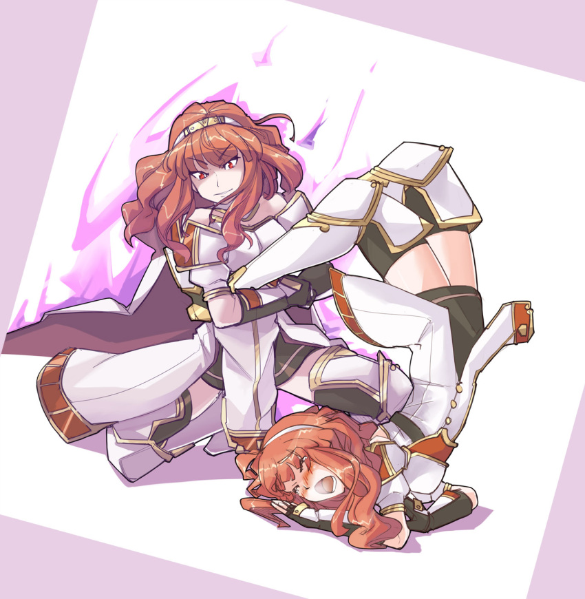 2girls armor blush cape celica_(fire_emblem) closed_eyes dress dual_persona fingerless_gloves fire_emblem fire_emblem_echoes:_mou_hitori_no_eiyuuou fire_emblem_heroes gloves highres jaegan jewelry long_hair multiple_girls open_mouth red_eyes redhead smile tiara wrestling