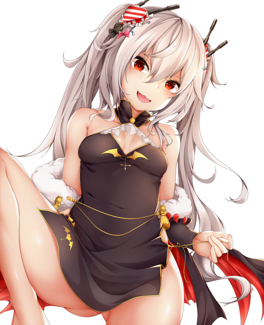 1girl :d azur_lane bangs bare_legs bare_shoulders black_dress black_ribbon blue_bow bow breasts calligraphy_brush_(medium) china_dress chinese_clothes cleavage_cutout collarbone covered_navel cowboy_shot cross detached_sleeves dress erect_nipples fang fur_trim gluteal_fold graphite_(medium) hair_between_eyes hair_bow hair_ornament hair_ribbon halterneck head_tilt headgear heart heart_hair_ornament highres holding inverted_cross kana616 long_hair looking_at_viewer one_leg_raised open_mouth paintbrush pink_bow red_dress red_eyes ribbon shiny shiny_hair shiny_skin side_slit sidelocks silver_hair simple_background sleeveless sleeveless_dress slit_pupils small_breasts smile solo striped tassel thighs traditional_media tsurime twintails vampire_(azur_lane) white_background