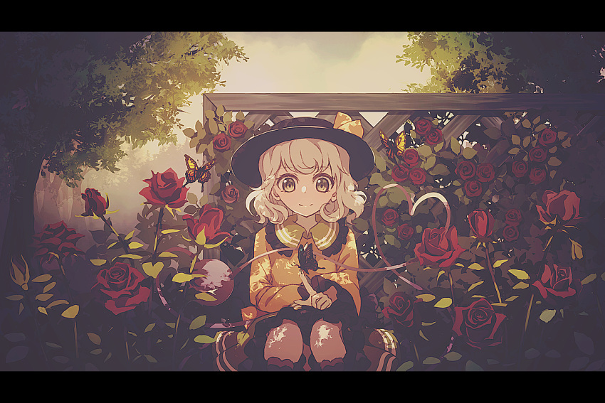 1girl bangs black_hat black_skirt blonde_hair blush butterfly butterfly_on_hand closed_mouth clouds cloudy_sky day dise eyebrows_visible_through_hair feet_out_of_frame fence flower frilled_shirt_collar frilled_sleeves frills green_eyes hair_ribbon hat insect komeiji_koishi letterboxed long_sleeves medium_skirt outdoors plant red_flower red_rose ribbon rose shirt short_hair sitting skirt sky smile solo tareme touhou tree wide_sleeves wooden_fence yellow_ribbon yellow_shirt