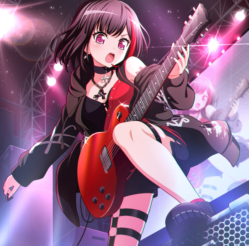 1girl :o bang_dream! bangs black_choker black_footwear black_hair black_jacket cable chain_necklace choker diffraction_spikes drawstring earrings electric_guitar guitar highres holding holding_instrument hood hooded_jacket instrument jacket jewelry keita_(kta0) mitake_ran multicolored_hair music off_shoulder pendant playing_instrument plectrum redhead screen shoes short_hair shorts side_slit solo speaker stage stage_lights standing_on_object thigh_strap v-shaped_eyebrows violet_eyes
