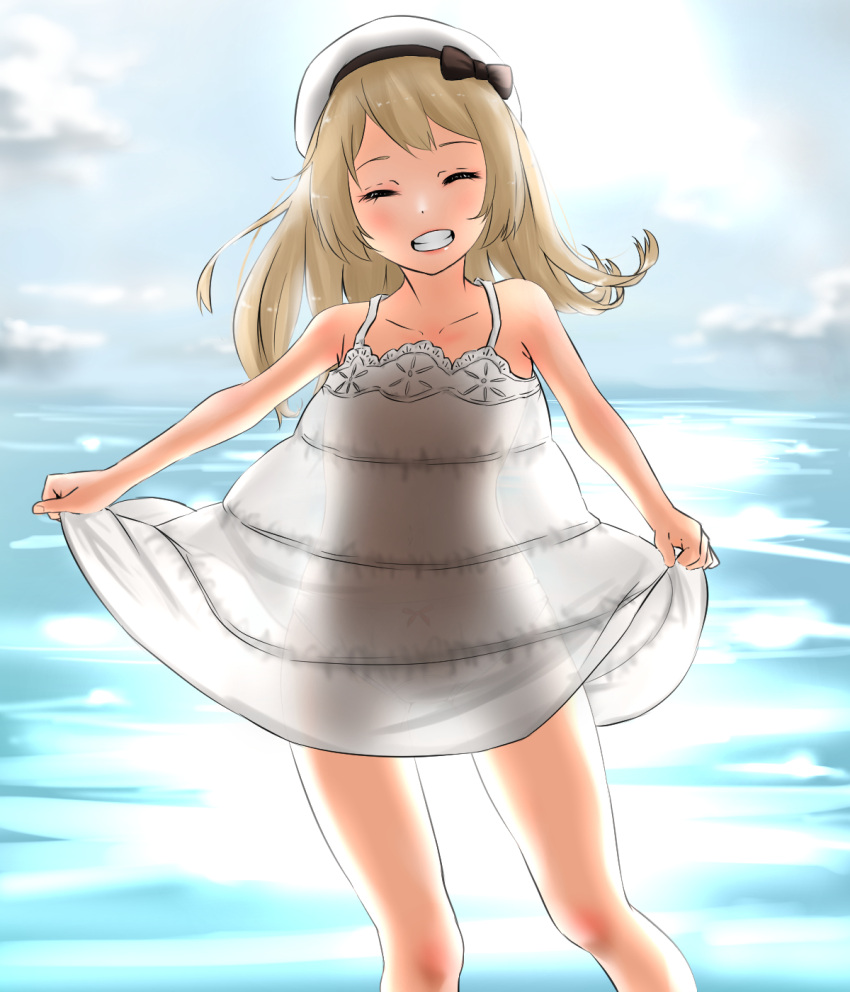 1girl alternate_costume blonde_hair blush closed_eyes clouds cloudy_sky dress hat highres jervis_(kantai_collection) kantai_collection long_hair ocean open_mouth sailor_hat short_dress sky smile solo sunlight tama_(seiga46239239) thighs white_dress