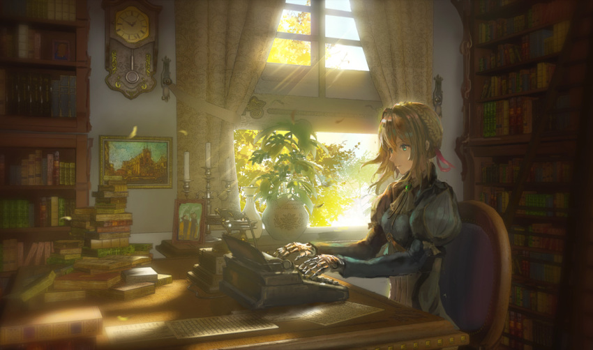 1girl android aqua_eyes blonde_hair book_stack bookshelf chair clock curtains denki paper picture_frame sitting solo table typewriter violet_evergarden violet_evergarden_(character)