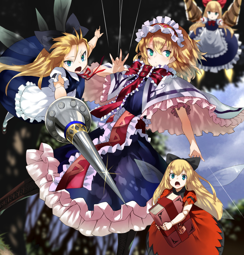 1girl alice_margatroid apron aqua_eyes blonde_hair blue_dress blurry boots capelet cross-laced_footwear day depth_of_field doll_joints dress drill expressionless fang foreshortening frilled_skirt frilled_sleeves frills glint grimoire_of_alice hairband highres knee_boots lance lolita_hairband long_hair looking_at_viewer mary_janes nuqura open_mouth outdoors pantyhose polearm puppet_strings red_ribbon ribbon shanghai_doll shoes short_sleeves skirt touhou waist_apron weapon white_legwear wings