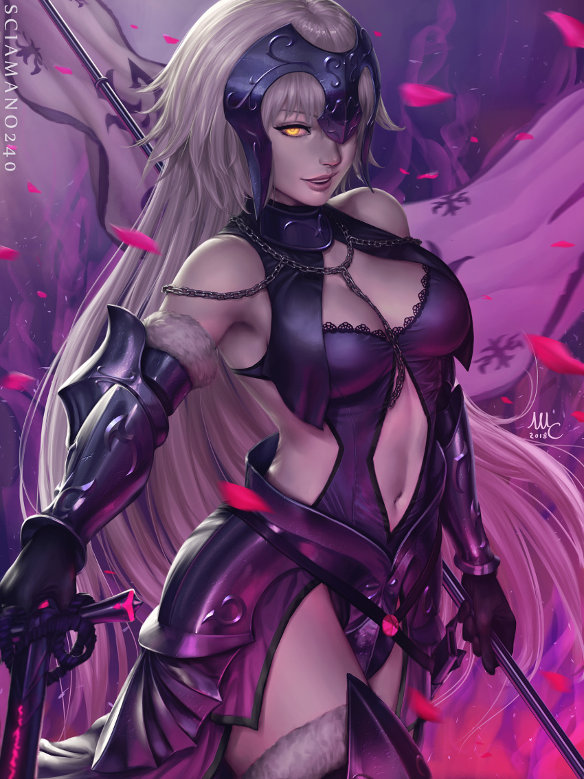 1girl armor blonde_hair breasts chains cleavage fate/grand_order fate_(series) fur_trim gloves glowing glowing_eyes highres jeanne_d'arc_(alter)_(fate) jeanne_d'arc_(fate)_(all) large_breasts long_hair looking_at_viewer mirco_cabbia navel paid_reward patreon_reward polearm smile solo spear stomach sword very_long_hair weapon yellow_eyes