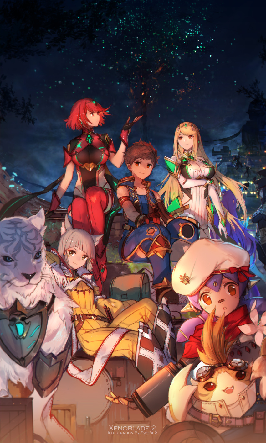 1boy 4girls absurdres android animal_ears armor bodysuit byakko_(xenoblade) cat_ears covered_navel fingerless_gloves gloves hana_(xenoblade) hat highres night niyah nopon pyra_(xenoblade) redhead rex_(xenoblade_2) seiryuu_(xenoblade) short_hair smile swd3e2 tiara tiger tora_(xenoblade) xenoblade xenoblade_2 yellow_bodysuit