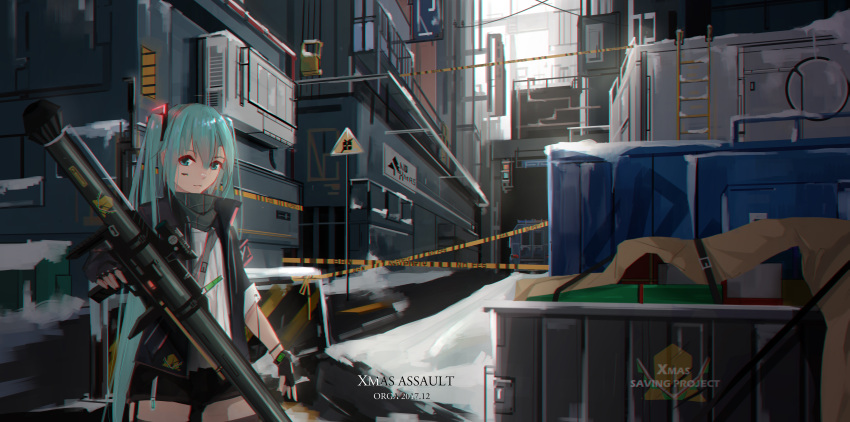 1girl absurdres aqua_eyes aqua_hair bazooka container fingerless_gloves gloves hatsune_miku highres holding holding_weapon industrial ladder long_hair orga_(pixiv13765813) scarf shorts sign snow solo twintails very_long_hair vocaloid weapon