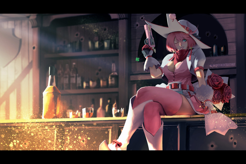 1girl absurdres adapted_costume alternate_costume boots dude_underscore elphelt_valentine flower gloves guilty_gear guilty_gear_xrd gun handgun hat highres legs_crossed pink_hair pistol short_hair solo thigh-highs weapon western