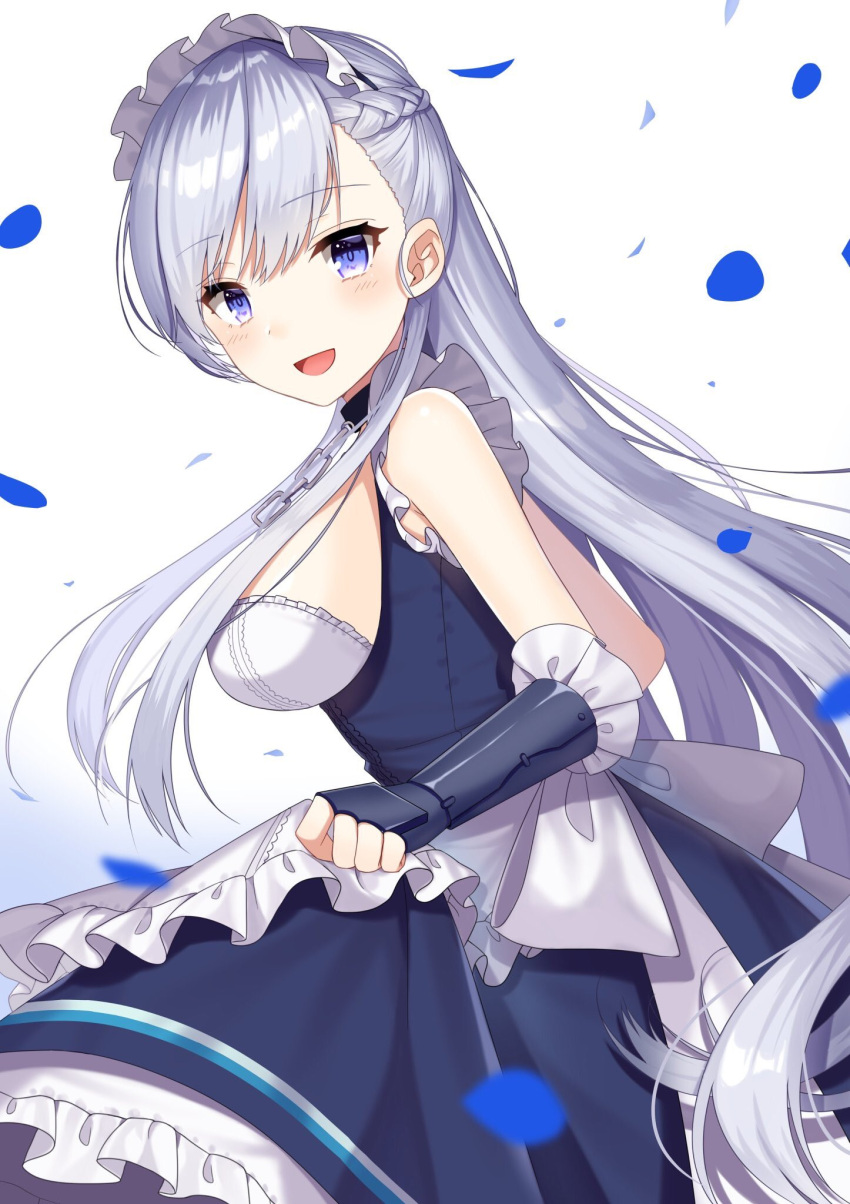 1girl azur_lane belfast_(azur_lane) blush breasts eyebrows_visible_through_hair from_side highres izumo_neru large_breasts long_hair looking_at_viewer maid_headdress open_mouth petals silver_hair smile solo violet_eyes