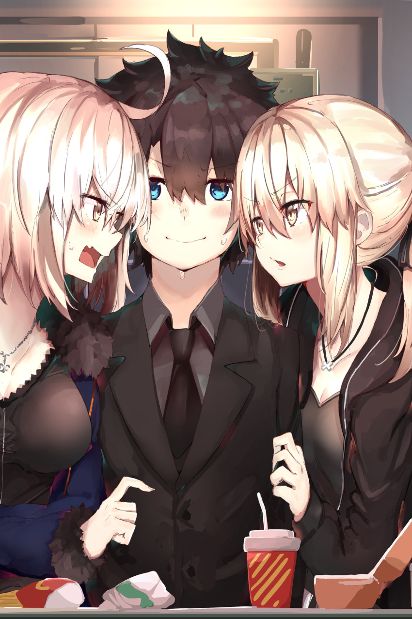 1girl 2girls absurdres ahoge arm_grab artoria_pendragon_(all) bangs black_hair black_jacket black_neckwear black_shirt blonde_hair blue_eyes blue_jacket blush breasts cleavage closed_mouth collared_shirt cup drinking_straw dripping eye_contact eyebrows_visible_through_hair fang fast_food fate/grand_order fate_(series) food fur-trimmed_jacket fur_trim hair_between_eyes hetero highres indoors jacket jeanne_d'arc_(alter)_(fate) jeanne_d'arc_(fate)_(all) jewelry looking_at_another medium_breasts multiple_girls necklace necktie nervous_smile open_clothes open_jacket open_mouth pendant ponytail ranf saber_alter shiny shiny_hair shirt short_hair small_breasts sweat table upper_body v-shaped_eyebrows wing_collar yellow_eyes