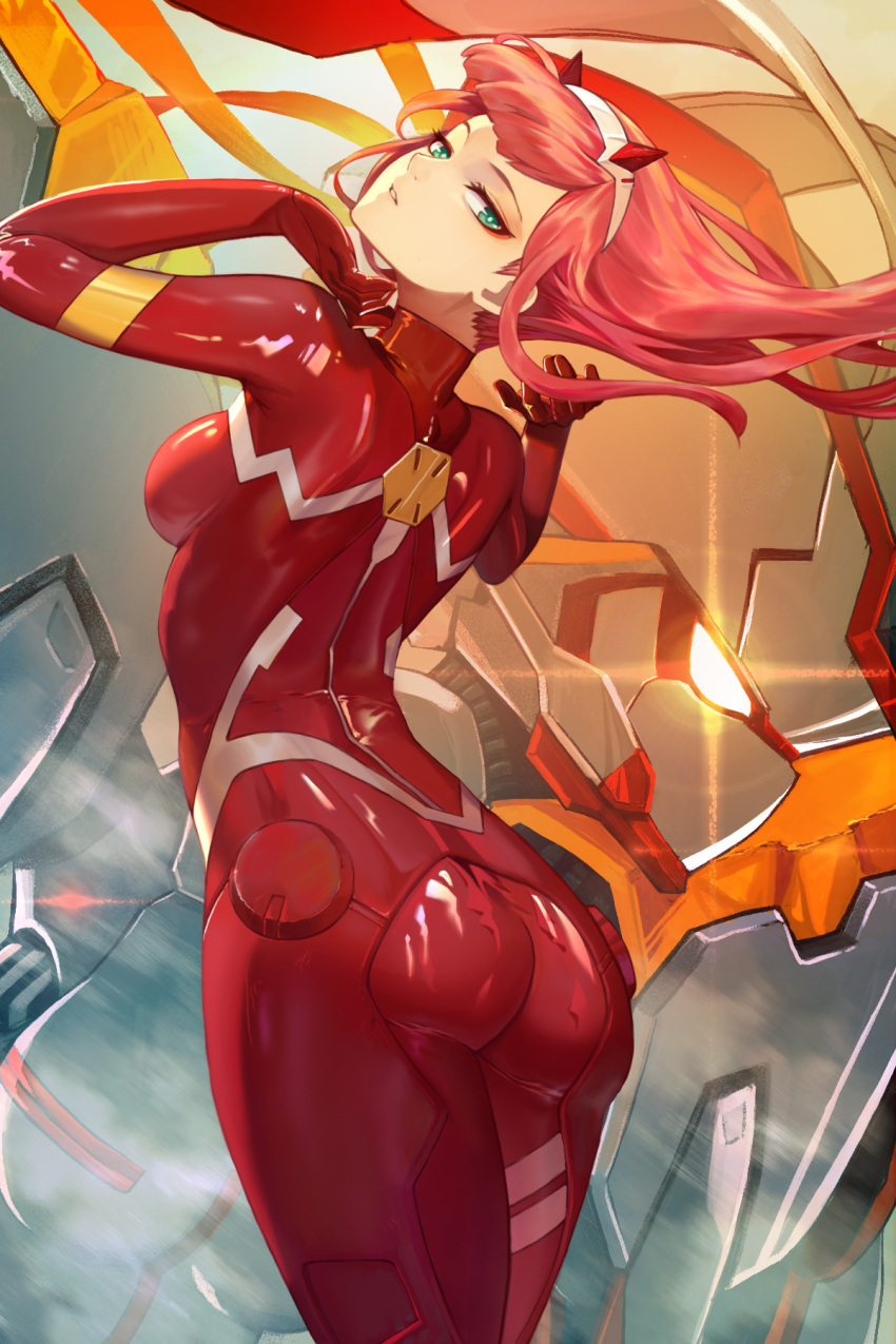1girl anson_(13686564308) aqua_eyes arched_back ass bangs bodysuit breasts commentary_request darling_in_the_franxx diffraction_spikes from_behind glowing glowing_eyes hairband highres legs_together long_hair looking_at_viewer looking_back mecha medium_breasts parted_lips pilot_suit pink_hair red_bodysuit shiny shiny_clothes shiny_hair shiny_skin skin_tight solo standing straight_hair strelizia teeth white_hairband zero_two_(darling_in_the_franxx)