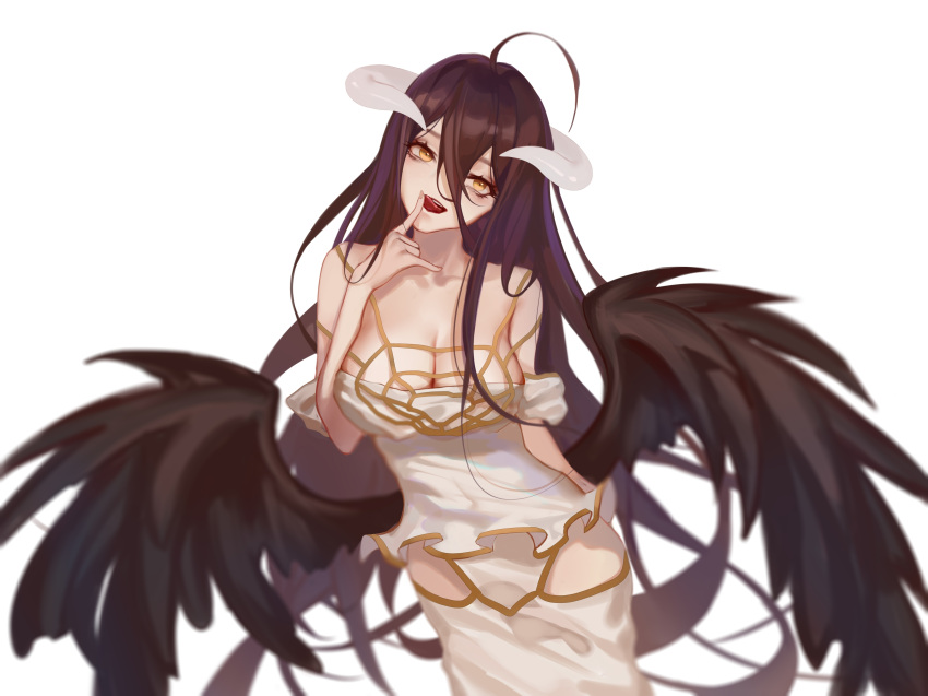 1girl absurdres albedo bare_shoulders black_hair breasts demon_girl demon_horns demon_wings dress hair_between_eyes highres horns iron_(2486886134) large_breasts long_hair looking_at_viewer overlord_(maruyama) simple_background smile solo tongue tongue_out white_background white_dress wings yellow_eyes