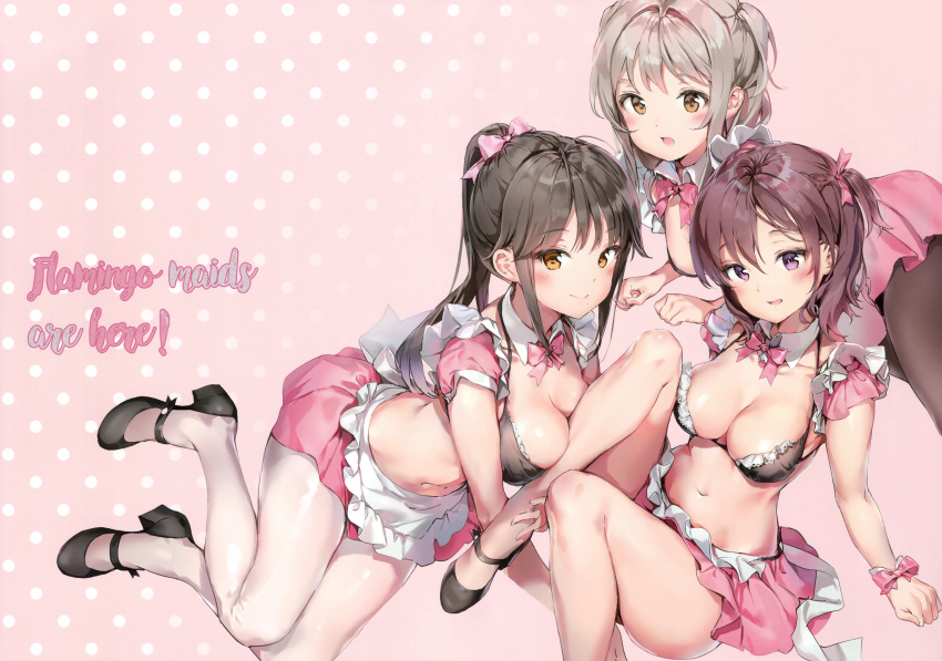 3girls absurdres anmi bangs black_legwear blush bow bowtie breast_press breasts brown_eyes brown_hair cleavage detached_collar eyebrows_visible_through_hair hair_bow highres huge_filesize light_brown_hair long_hair looking_at_viewer lying maid_bikini mary_janes medium_breasts midriff mole mole_under_mouth multiple_girls navel on_stomach original pantyhose pink_background pink_skirt ponytail ribbon scan shoes short_hair simple_background sitting skirt smile violet_eyes