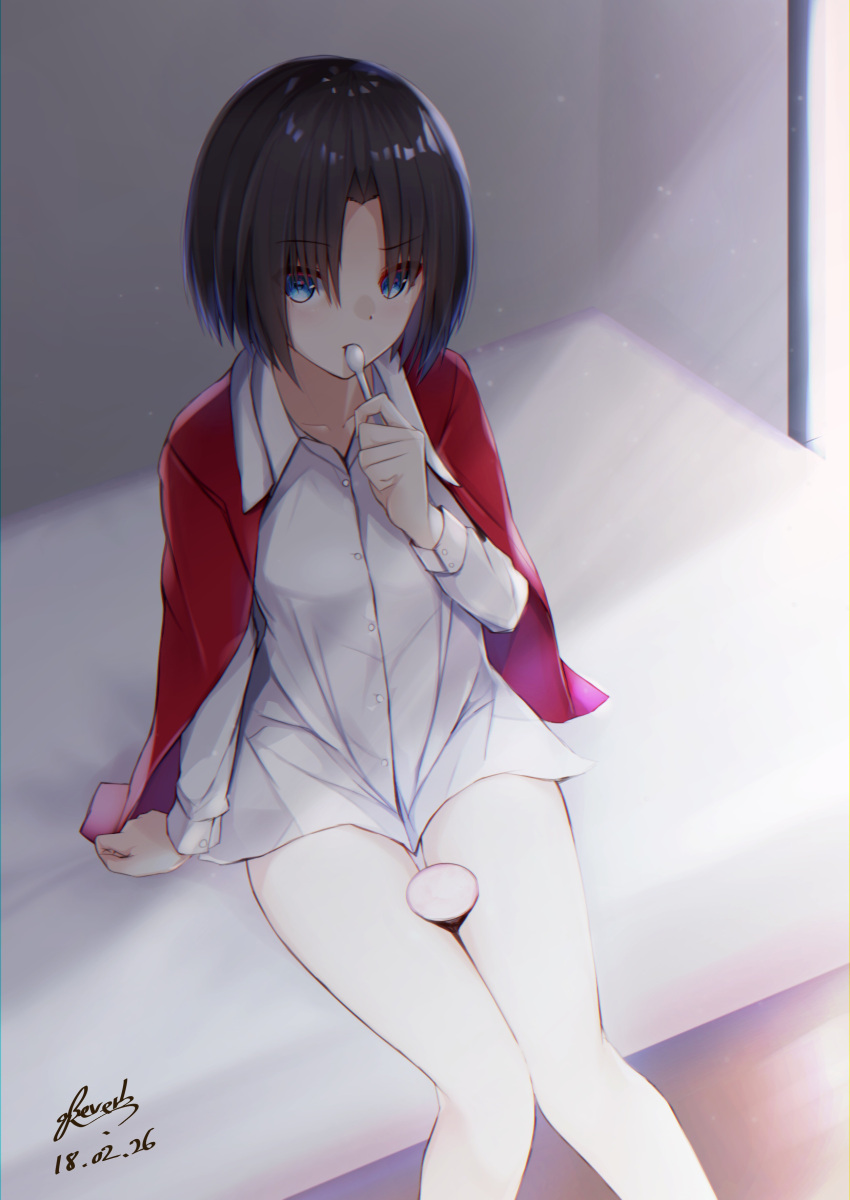 1girl absurdres arm_at_side bangs bed bee_doushi black_hair blue_eyes collarbone collared_shirt dated dress_shirt eyebrows_visible_through_hair feet_out_of_frame highres holding holding_spoon indoors jacket jacket_on_shoulders kara_no_kyoukai knees_together_feet_apart left-handed long_sleeves looking_at_viewer no_pants on_bed open_clothes open_jacket pantyhose parted_bangs plate red_jacket ryougi_shiki shiny shiny_hair shirt short_hair signature solo thigh_gap white_legwear white_shirt wing_collar