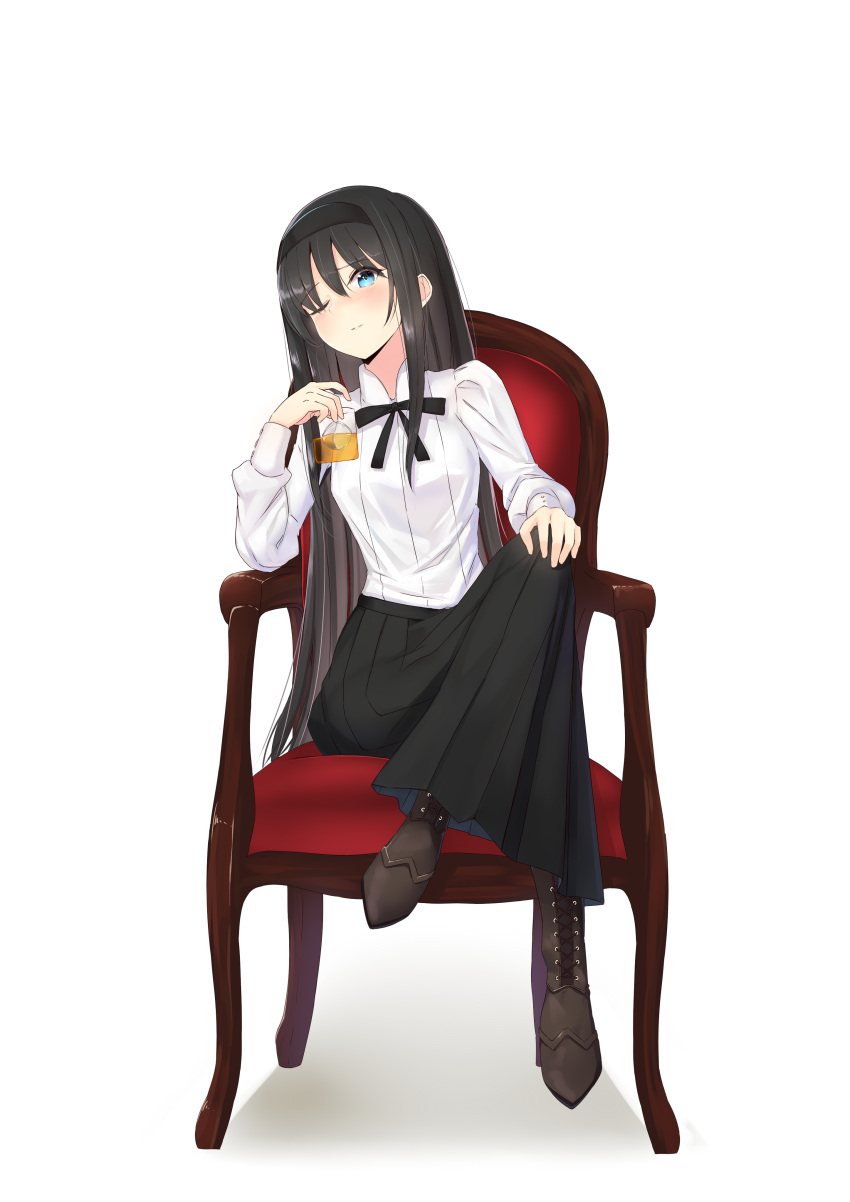 1girl absurdres armchair black_hair black_hairband black_skirt blue_eyes blush boots brown_footwear chair commentary_request cross-laced_footwear cup drink drinking_glass hairband highres holding holding_drinking_glass i.f.s.f ice ice_cube lace-up_boots legs_crossed long_hair long_skirt long_sleeves one_eye_closed parted_lips pleated_skirt shirt simple_background sitting skirt solo tohno_akiha tsukihime very_long_hair white_background white_shirt