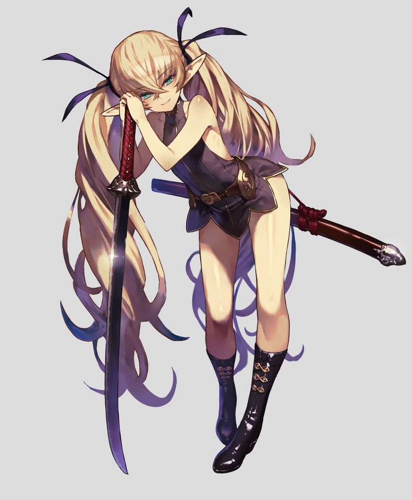 1girl aircraft airplane aqua_eyes bare_arms bare_shoulders belt black_dress black_footwear black_ribbon blonde_hair boots closed_mouth copyright_request cozy dress elf eyebrows_visible_through_hair full_body glint highres holding holding_sword holding_weapon knee_boots leaning_forward long_hair looking_at_viewer own_hands_together pigeon-toed pointy_ears ribbon sheath shinkaisei-kan shiny shiny_clothes short_dress sleeveless sleeveless_dress smile solo standing sword thighs tsurime twintails unsheathed very_long_hair weapon
