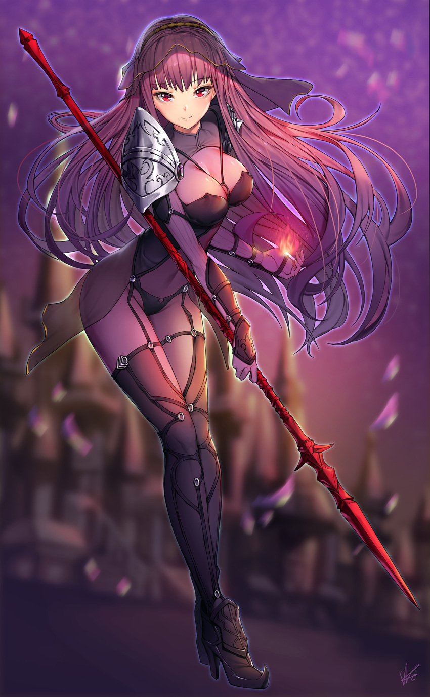 armor armored_boots bangs blurry blurry_background bodysuit boots breasts cityscape cleavage covered_navel eyebrows_visible_through_hair fate/grand_order fate_(series) fire full_body gae_bolg hair_intakes highres holding holding_weapon large_breasts leaning_forward lee_seok_ho long_hair looking_at_viewer pauldrons petals polearm purple_bodysuit purple_hair red_eyes scathach_(fate/grand_order) shoulder_armor smile spear standing veil weapon