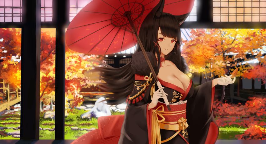 1girl absurdres akagi_(azur_lane) animal_ears azur_lane breasts brown_hair cleavage fox_ears garden gloves higandgk highres japanese_clothes kimono large_breasts leaf oriental_umbrella red_eyes solo tree umbrella white_gloves