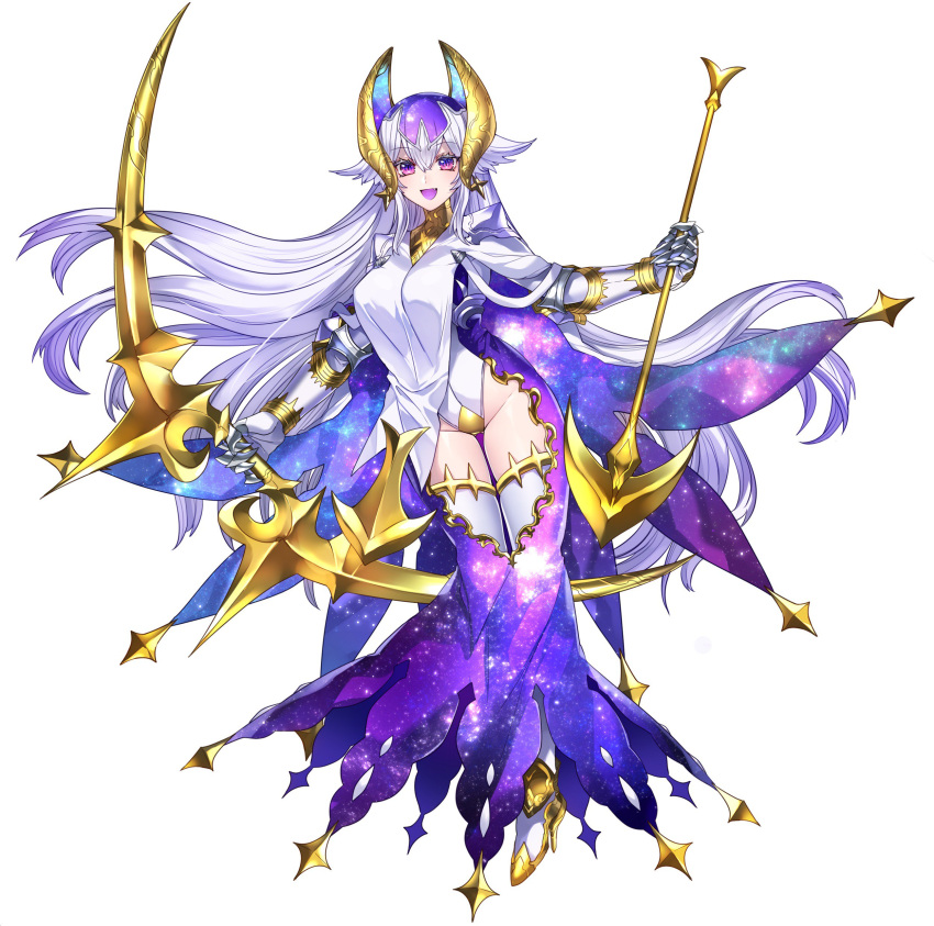 1girl absurdres arrow blush bow_(weapon) earrings gauntlets headwear high_heels highres jewelry katagiri_hachigou long_hair lunala open_mouth open_pants personification pokemon shoulder_pads simple_background smile solo star star_print thigh-highs very_long_hair violet_eyes weapon white_hair