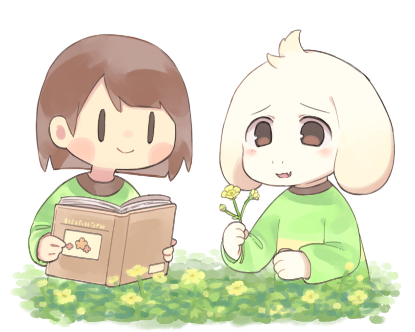 androgynous asriel_dreemurr blush book brown_eyes brown_hair chara_(undertale) fang flower green_sweater long_sleeves monster_boy reading sasa_kichi smile undertale white_background