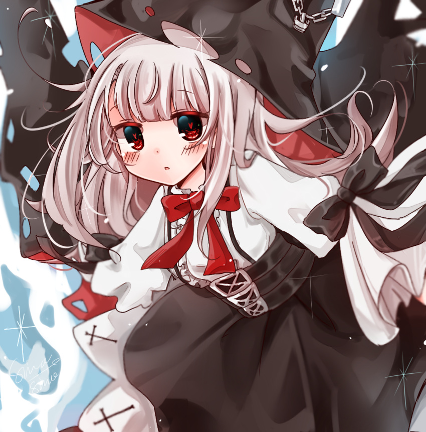 1girl artist_name azur_lane bangs black_bow black_hat black_skirt blush bow center_frills chains commentary_request erebus_(azur_lane) eyebrows_visible_through_hair frills hat heart heart-shaped_pupils highres long_hair long_sleeves looking_at_viewer parted_lips red_bow red_eyes shimashiro_itsuki shirt signature silver_hair skirt solo suspender_skirt suspenders symbol-shaped_pupils torn_clothes torn_hat very_long_hair white_shirt
