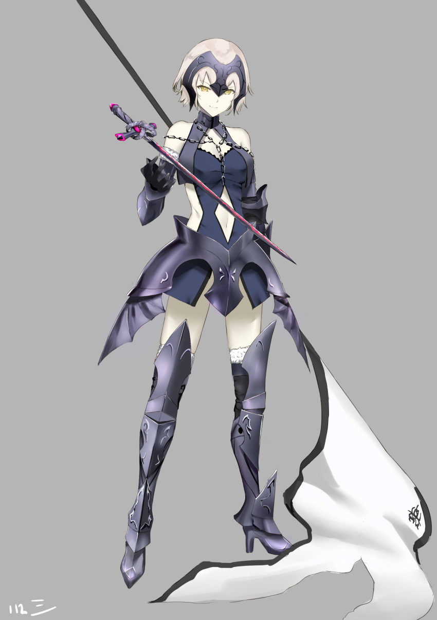 112san 1girl absurdres alternate_hairstyle armor armored_dress banner black_legwear blue_dress boots breasts detached_sleeves dress fate/grand_order fate_(series) full_body fur_trim gauntlets high_heel_boots high_heels highres holding holding_weapon jeanne_d'arc_(alter)_(fate) jeanne_d'arc_(fate)_(all) looking_at_viewer medium_breasts navel navel_cutout purple_dress short_dress short_hair sleeveless sleeveless_dress smile solo sword thigh-highs weapon white_skin yellow_eyes
