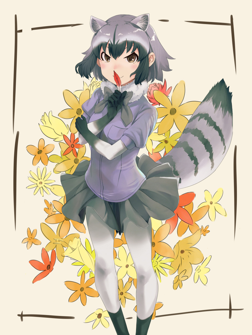 absurdres animal_ears blush brown_eyes character_request feathers flower grey_hair highres kemono_friends looking_at_viewer pleated_skirt siva_ryo skirt smile tail white_legwear