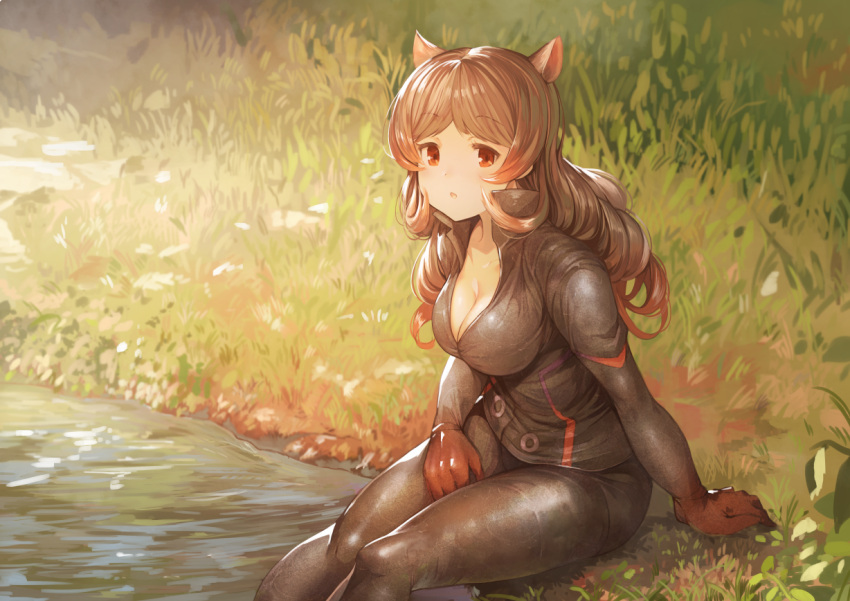 1girl :o black_hair black_legwear black_shirt breasts catsuit cleavage day grass hippopotamus_(kemono_friends) hippopotamus_ears kemono_friends koruse long_hair looking_at_viewer multicolored_hair outdoors partially_submerged red_eyes redhead shirt sitting solo water wavy_hair