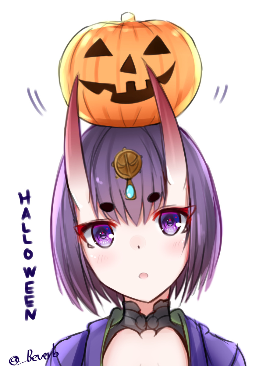 1girl :o absurdres bangs bee_doushi blush commentary_request eyebrows_visible_through_hair fate/grand_order fate_(series) hair_between_eyes hair_ornament halloween head_tilt highres horns jack-o'-lantern on_head oni oni_horns parted_lips portrait purple_hair shuten_douji_(fate/grand_order) solo thick_eyebrows twitter_username violet_eyes white_background