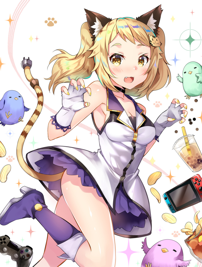 1girl animal_ears bird blonde_hair blush boots breasts choker cleavage collarbone controller dress fang fingerless_gloves game_controller gamepad gloves high_heel_boots high_heels highres long_hair looking_at_viewer nail_polish open_mouth shirt short_twintails sleeveless sleeveless_shirt solo tiger_ears tiger_hair_ornament twintails usagihime virtual_youtuber yellow_eyes