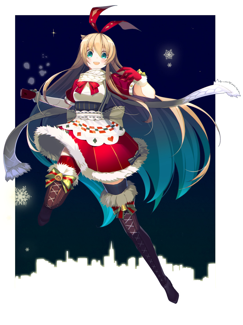 1girl absurdres alice_(grimms_notes) alice_(wonderland) alice_in_wonderland bell black_legwear blonde_hair blue_eyes boots dress gloves grimms_notes highres jingle_bell ktsis leg_up long_hair mismatched_legwear open_mouth red_dress red_gloves red_legwear ribbon scarf smile solo thigh-highs thigh_boots very_long_hair
