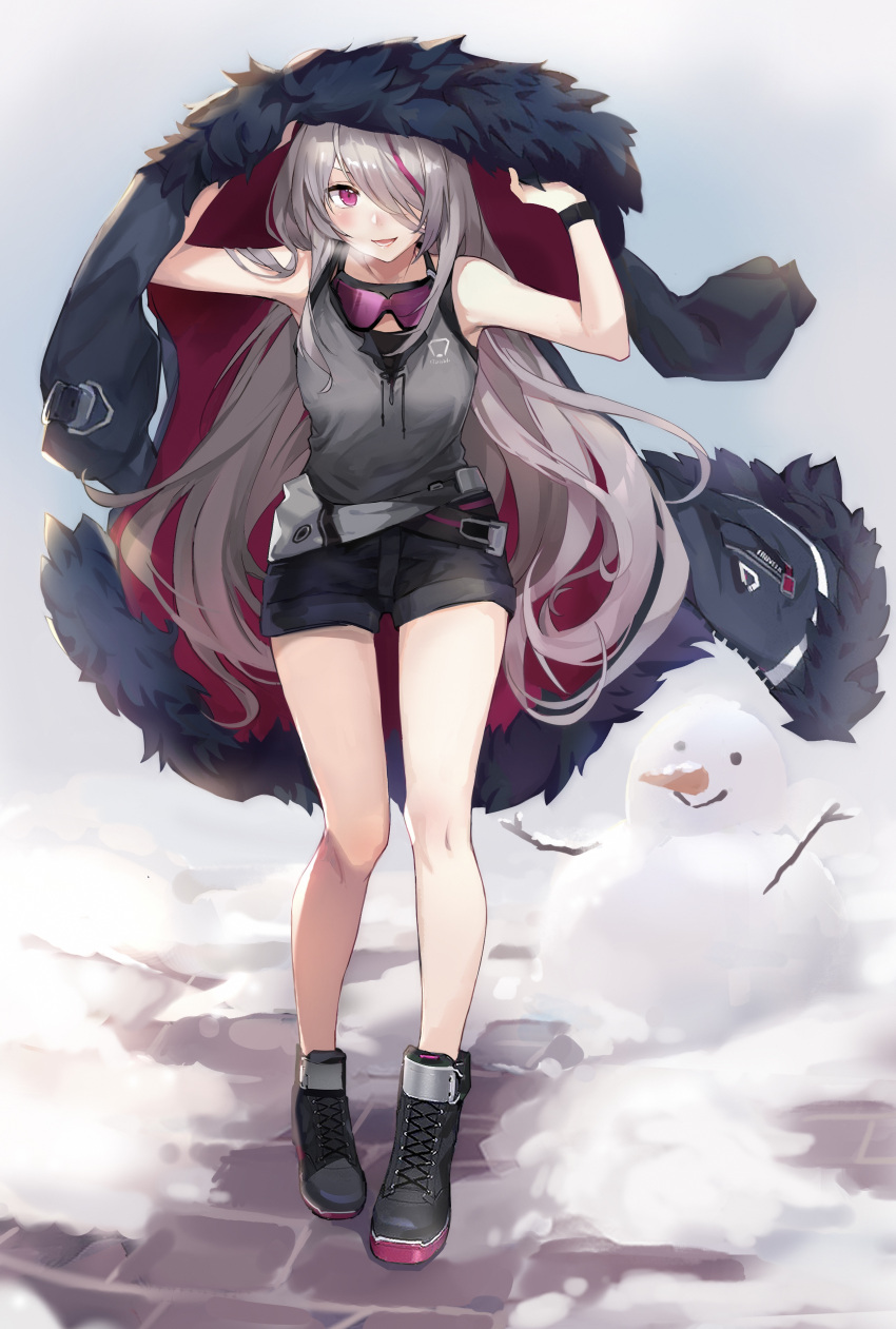1girl absurdres arms_up bangs bare_legs black_coat black_footwear black_shorts blush boots coat coat_removed commentary full_body fur-trimmed_coat fur_trim girls_frontline goggles goggles_around_neck grey_shirt hair_over_one_eye highres holding_coat kuza_brs looking_at_viewer multicolored_hair open_mouth purple_hair shirt short_shorts shorts silver_hair sleeveless sleeveless_shirt smile snowman solo standing streaked_hair t-cms_(girls'_frontline) violet_eyes