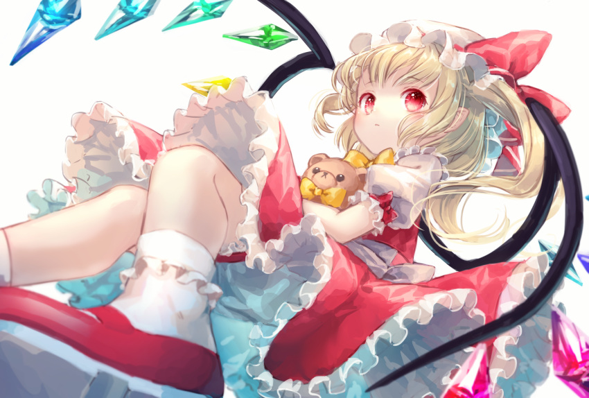 1girl blonde_hair bow bowtie commentary_request dress flandre_scarlet foreshortening frilled_dress frilled_legwear frills hat hat_bow highres holding loafers medium_hair mob_cap puffy_short_sleeves puffy_sleeves red_dress red_eyes red_footwear shoes short_sleeves solo stuffed_animal stuffed_toy teddy_bear touhou white_background wings yellow_bow yumeichigo_alice