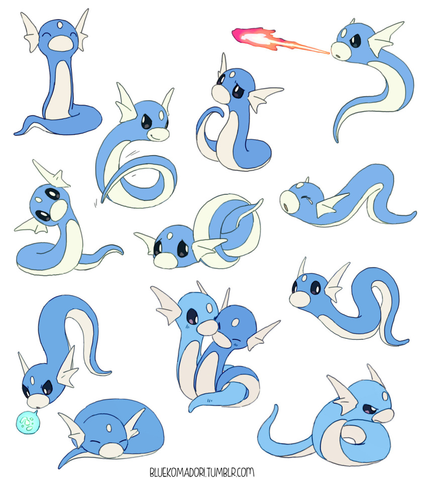 blue blue_skin bluekomadori breathing_fire creature dratini fire happy head_tilt highres hug jumping looking_at_viewer looking_away lying no_humans pokemon pokemon_(creature) pokemon_(game) pokemon_rgby sad simple_background sitting sleeping standing watermark web_address white_background