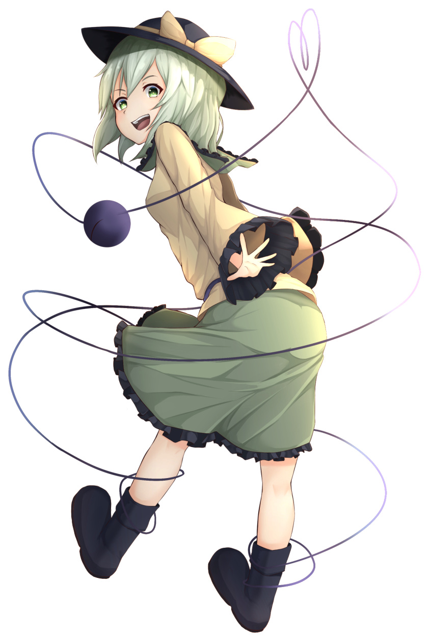 1girl :d ass black_footwear black_hat boots breasts from_behind full_body green_eyes green_hair green_skirt hat hat_ribbon heart heart_of_string highres komeiji_koishi leaning_forward looking_at_viewer looking_back medium_hair open_mouth ribbon ribbon-trimmed_skirt ribbon-trimmed_sleeves ribbon_trim shirt simple_background skirt small_breasts smile solo third_eye touhou upper_teeth white_background wide_sleeves yellow_ribbon yellow_shirt zakkuru_(zacky424)