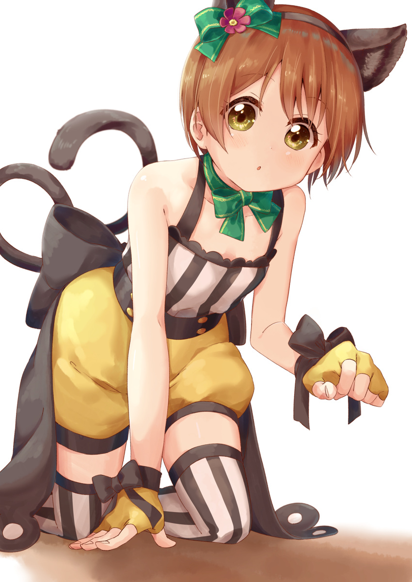 1girl alternate_costume animal_ears bare_shoulders breasts brown_hair cat_ears commentary_request fake_animal_ears fake_tail fingerless_gloves gloves highres hoshizora_rin ksk_(semicha_keisuke) looking_at_viewer love_live! love_live!_school_idol_festival love_live!_school_idol_project short_hair small_breasts solo striped striped_legwear thigh-highs yellow_eyes