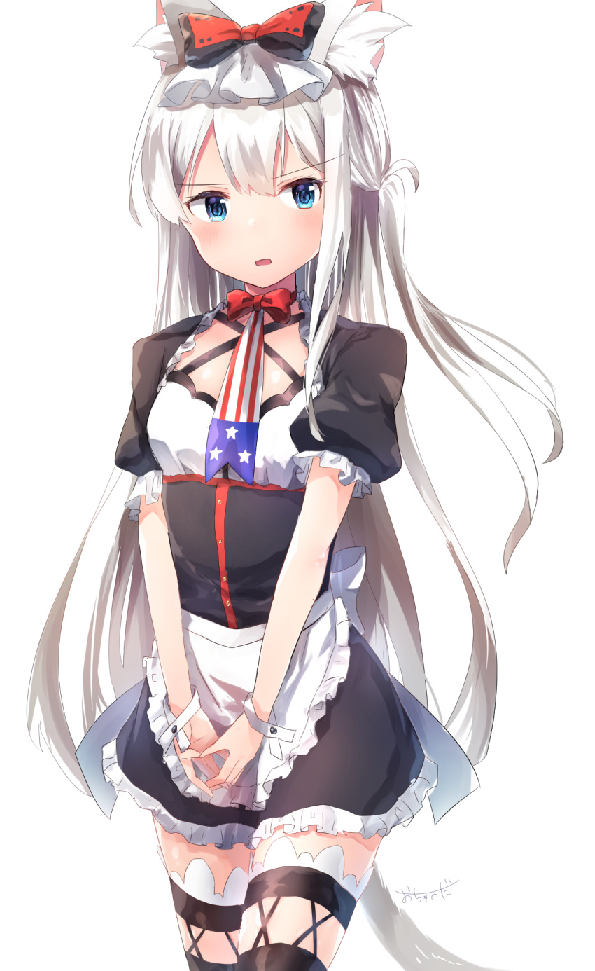 1girl american_flag american_flag_print animal_ears apron azur_lane bangs black_bow black_dress black_legwear blue_eyes blush bow breasts cat_ears cat_girl cat_tail commentary_request dress eyebrows_visible_through_hair flag_print frilled_apron frilled_dress frills hair_between_eyes hair_bow hammann_(azur_lane) highres kemonomimi_mode long_hair looking_at_viewer ochanoda parted_lips print_neckwear puffy_short_sleeves puffy_sleeves red_bow short_sleeves signature silver_hair simple_background small_breasts solo tail thigh-highs very_long_hair waist_apron white_apron white_background wrist_cuffs