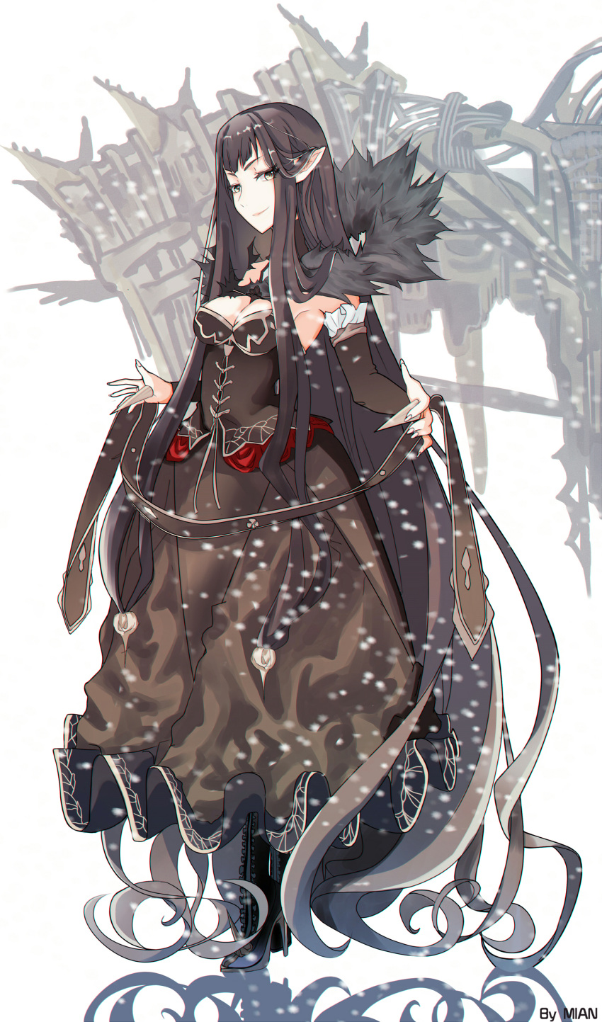 1girl absurdly_long_hair absurdres armpits artist_name black_dress black_footwear black_hair boots breasts brown_eyes cleavage detached_sleeves dress fate/apocrypha fate_(series) full_body high_heel_boots high_heels highres long_hair looking_at_viewer medium_breasts mian.h pointy_ears semiramis_(fate) sleeveless sleeveless_dress smile solo standing very_long_hair