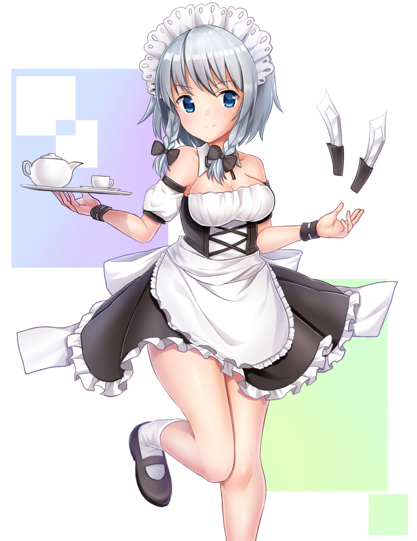1girl absurdres apron black_bow black_dress black_footwear blue_eyes blush bow braid breasts cleavage closed_mouth cup dagger detached_collar detached_sleeves dress floating floating_object frilled_apron frilled_dress frills hair_bow highres holding holding_tray izayoi_sakuya kneehighs leg_up long_hair looking_at_viewer maid maid_apron maid_headdress medium_breasts puffy_short_sleeves puffy_sleeves sea_scorpion_(umisasori) shiny shiny_skin short_hair short_sleeves silver_hair smile solo standing standing_on_one_leg strapless strapless_dress teacup teapot thighs touhou tray twin_braids waist_apron weapon white_apron white_legwear wrist_cuffs