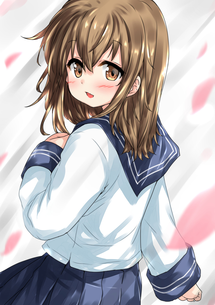 1girl alternate_hairstyle blue_sailor_collar blue_skirt brown_eyes brown_hair commentary_request cowboy_shot from_behind hair_down hand_on_own_chest harusame_nuko highres inazuma_(kantai_collection) kantai_collection long_hair looking_at_viewer looking_back pleated_skirt sailor_collar school_uniform serafuku skirt solo