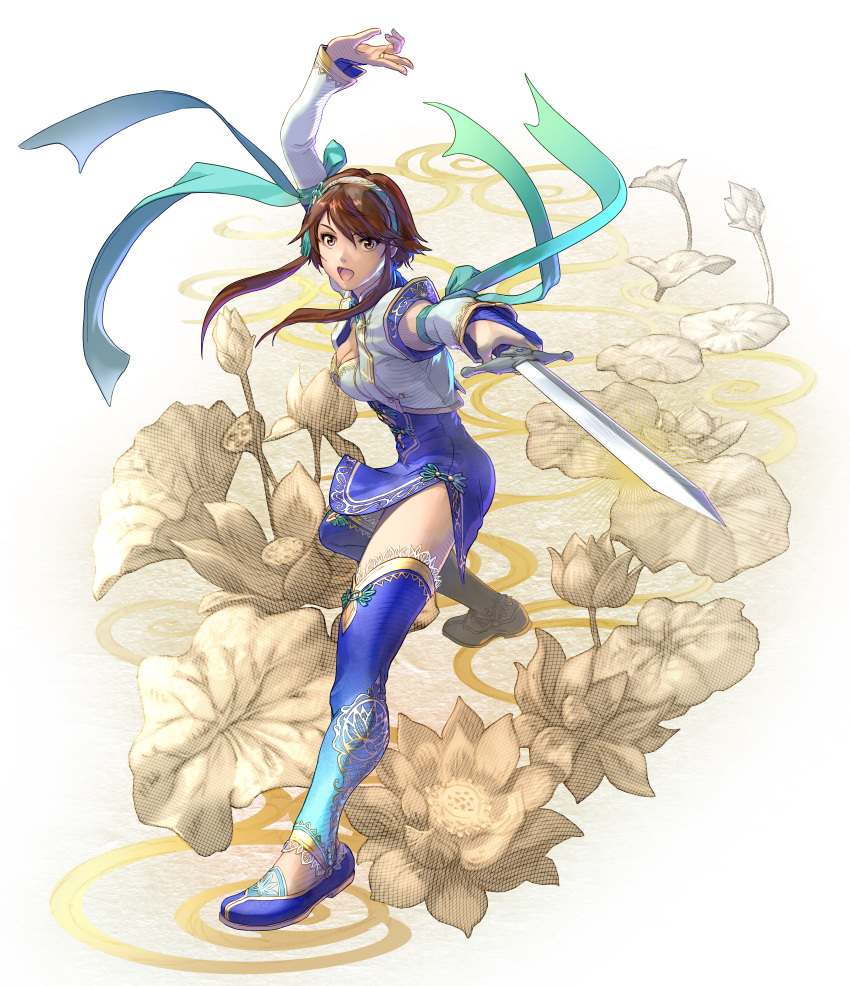 1girl absurdres bangs breasts brown_eyes brown_hair chai_xianghua china_dress chinese_clothes cleavage detached_sleeves dress eyebrows_visible_through_hair fighting_stance flower full_body hairband highres holding holding_sword holding_weapon kawano_takuji long_hair looking_at_viewer lotus medium_breasts official_art open_mouth ribbon shoes simple_background smile solo soul_calibur soulcalibur_vi sword thigh-highs weapon white_background zettai_ryouiki