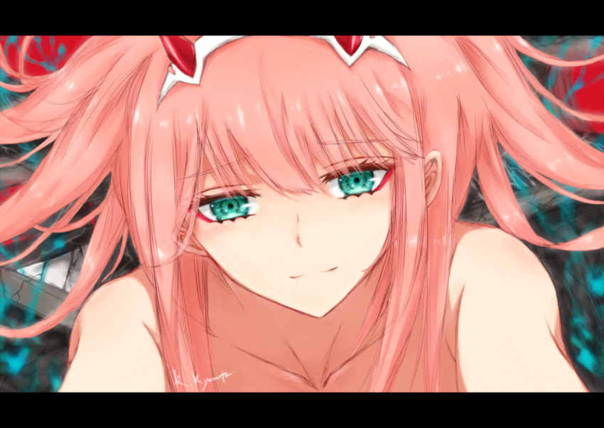 1girl aqua_eyes darling_in_the_franxx eyebrows_visible_through_hair hair_over_breasts hairband horns kyuuponkuku messy_hair nude pink_hair shiny shiny_hair signature white_hairband zero_two_(darling_in_the_franxx)