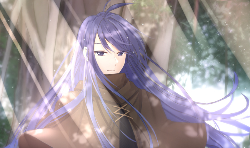 1boy ahoge character_request closed_mouth eyebrows_visible_through_hair light_rays long_hair looking_at_viewer o_yat outdoors purple_hair solo tales_weaver upper_body violet_eyes