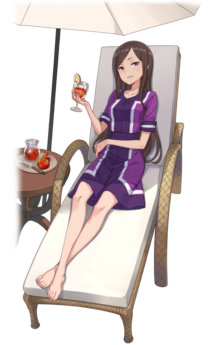 1girl barefoot beach_umbrella brown_hair chair dorothy_(princess_principal) drink food fruit full_body glass highres knife lemon lemon_slice long_hair looking_at_viewer official_art parted_lips pitcher princess_principal princess_principal_game_of_mission purple_skirt sitting skirt smile solo table transparent_background umbrella violet_eyes