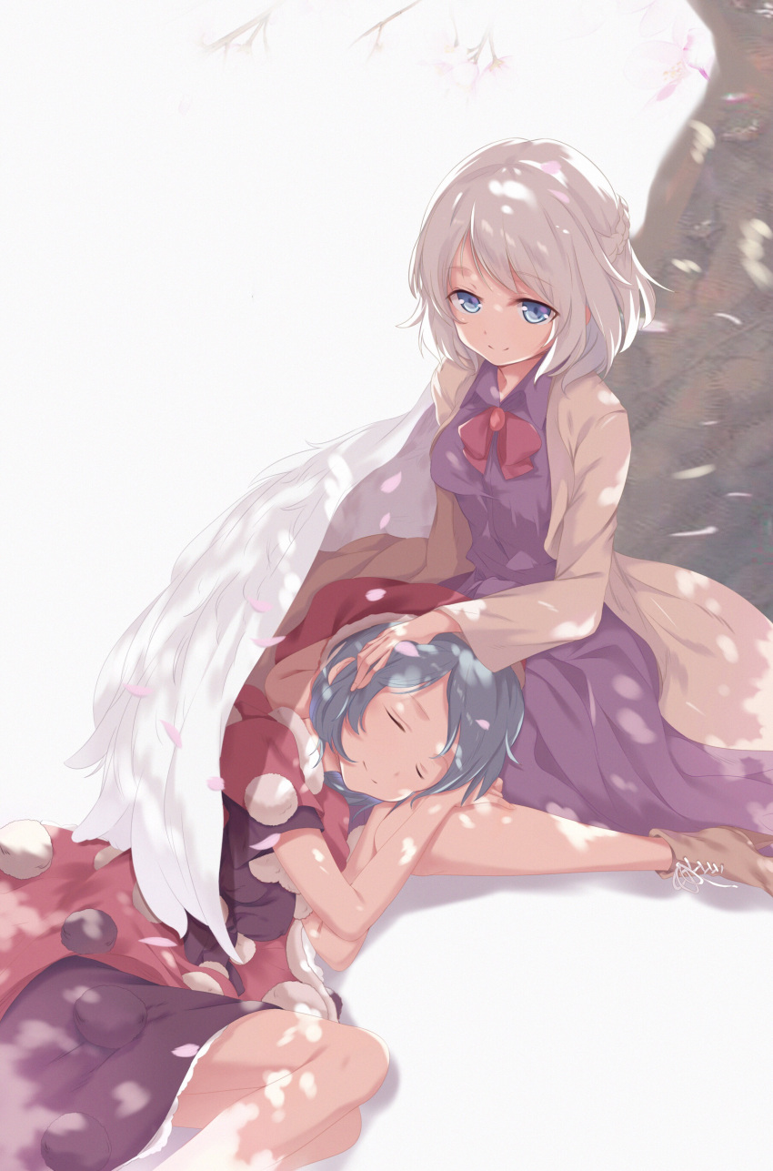 2girls absurdres blue_eyes blue_hair bow braid brown_footwear closed_eyes coat doremy_sweet dress eyebrows_visible_through_hair french_braid half_updo highres kishin_sagume lap_pillow looking_at_viewer multiple_girls p-a-cheng pom_pom_(clothes) purple_dress red_bow short_hair sleeping smile touhou tree white_hair yuri