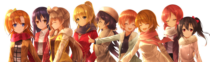 6+girls ^_^ absurdres arm_around_waist ayase_eli bangs beret black_hair black_shirt blonde_hair blue_eyes blue_jacket blush bow brown_eyes brown_hair brown_jacket casual closed_eyes closed_mouth drawstring eyebrows_visible_through_hair fur-trimmed_jacket fur_collar fur_trim hair_bow hair_ornament hair_rings hair_scrunchie hand_on_own_chest hand_to_own_mouth hat highres hoshizora_rin jacket koizumi_hanayo kousaka_honoka long_hair long_sleeves looking_at_viewer love_live! love_live!_school_idol_project low_twintails minami_kotori multiple_girls nishikino_maki one_side_up open_clothes open_jacket orange_hair orein parted_bangs pink_coat pink_scarf pointing pointing_forward ponytail purple_hair purple_scarf red_bow red_eyes red_scarf red_shirt redhead round_teeth scarf scrunchie shiny shiny_hair shirt short_hair short_twintails sidelocks simple_background smile sonoda_umi striped striped_scarf tareme teeth toujou_nozomi twintails upper_body white_background white_coat white_hat white_scarf white_shirt yazawa_nico yellow_bow yellow_jacket