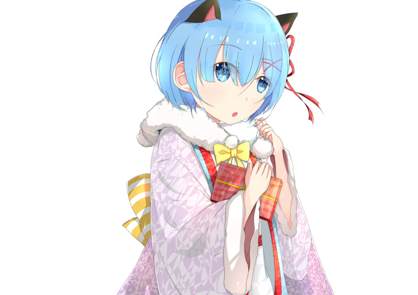 1girl absurdres aiqing animal_ears blue_eyes blue_hair blush bow cat_ears eyebrows_visible_through_hair fake_animal_ears gift hair_ornament hair_ribbon highres looking_at_viewer new_year parted_lips re:zero_kara_hajimeru_isekai_seikatsu red_ribbon rem_(re:zero) ribbon short_hair solo transparent_background x_hair_ornament yellow_bow