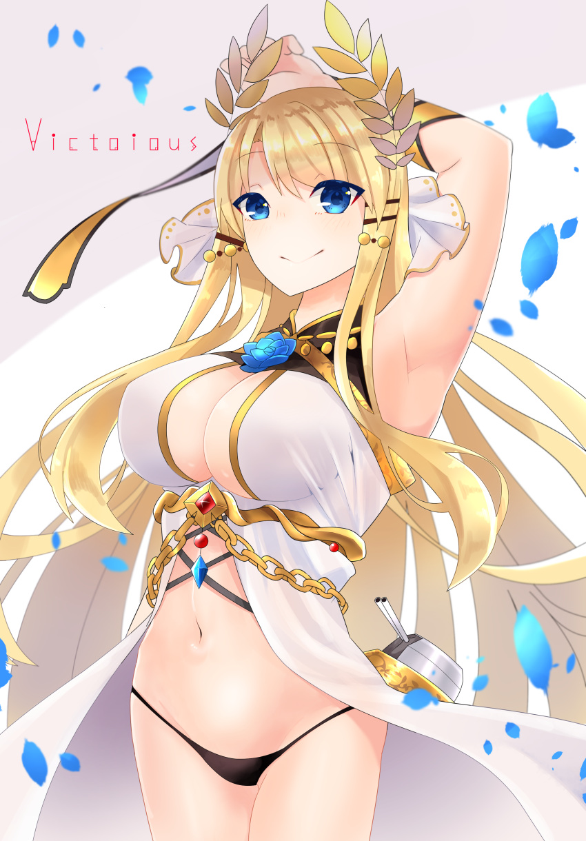 1girl :&gt; absurdres armpits azur_lane bangs black_panties blonde_hair blue_eyes breasts character_name cleavage commentary_request cowboy_shot error eyebrows_visible_through_hair floating_hair flower_ornament hair_ornament highres large_breasts laurel_crown long_hair navel panties petals sanba_tsui sleeveless solo turret underwear veil very_long_hair victorious_(azur_lane)