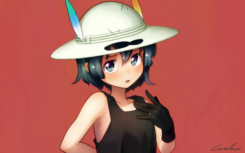 1girl \||/ arm_behind_back armpits black_gloves black_hair black_tank_top blue_eyes blush brown_gloves collarbone comic commentary_request ears_visible_through_hair eyebrows_visible_through_hair feathers gloves hair_between_eyes hat hat_ribbon kaban_(kemono_friends) kemono_friends looking_at_viewer open_mouth parted_lips red_background ribbon short_hair signature solo tank_top touching upper_body welt_(kinsei_koutenkyoku)